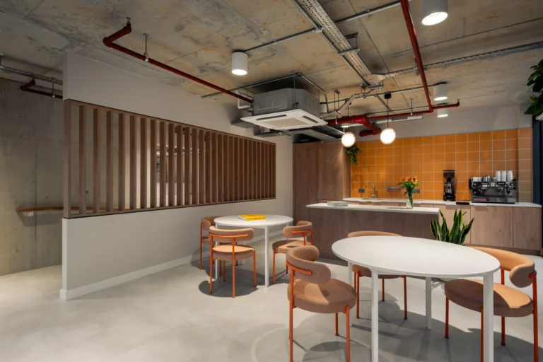 Cafe at The Arc with oak units, cafe island and slatted oak ramp wall panelling